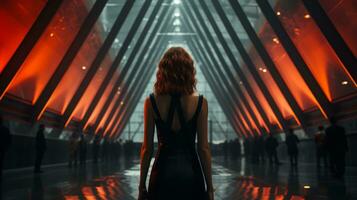 a woman in a black dress standing in an empty hallway with red lights generative ai photo