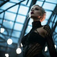 a woman in a black dress standing in front of a glass ceiling generative ai photo