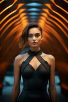 a woman in a black dress standing in a tunnel generative ai photo