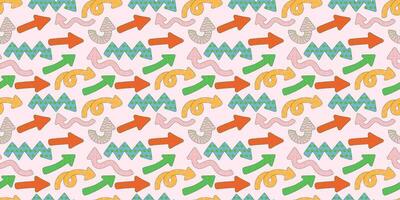 Direction indicators seamless pattern. Naive playful arrow pointers with vector texture in trendy retro style. Y2k aesthetic. Dynamic arrow signs for design