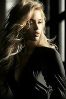 a woman in a black dress standing in front of a window generative ai photo