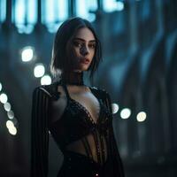 a woman in a black dress standing in the dark generative ai photo