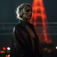 un mujer en un negro vestir en pie en frente de el eiffel torre a noche generativo ai foto