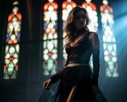 a woman in a black dress standing in front of stained glass windows generative ai photo