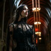 a woman in a black gothic dress standing in a church generative ai photo