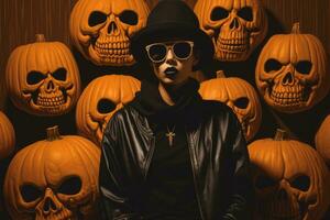 a woman in a black hat and sunglasses standing in front of a group of halloween pumpkins generative ai photo