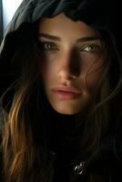 a woman in a black hooded jacket looking at the camera generative ai photo