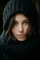 a woman in a black hat and scarf generative ai photo