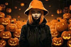 a woman in a black hooded jacket standing in front of a group of jack - o - lanterns generative ai photo