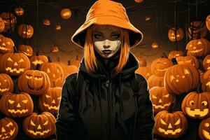 a woman in a black hooded jacket standing in front of a group of jack - o - lanterns generative ai photo