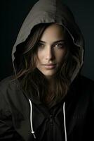 a woman in a black hooded jacket generative ai photo