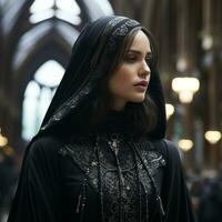 a woman in a black hooded robe standing in a church generative ai photo
