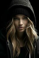 a woman in a black hoodie and black jacket generative ai photo