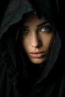a woman in a black hooded robe generative ai photo