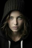 a woman in a black hoodie and white hoodie generative ai photo
