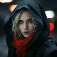 a woman in a black hoodie and red scarf generative ai photo