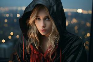 a woman in a black hoodie and red jacket looking at the camera generative ai photo