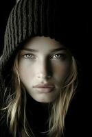 a woman in a black hoodie looking into the camera generative ai photo