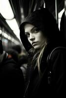 a woman in a black hoodie on a subway train generative ai photo