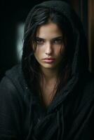 a woman in a black hoodie looking into the camera generative ai photo