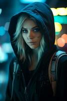 a woman in a black hoodie standing in front of a city at night generative ai photo