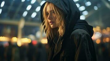 a woman in a black hoodie standing in front of a crowd generative ai photo