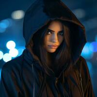 a woman in a black hoodie standing in front of a city at night generative ai photo