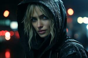 a woman in a black hoodie standing on a street at night generative ai photo