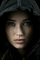 a woman in a black hoodie with blue eyes generative ai photo