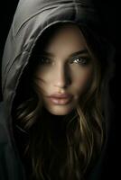 a woman in a black hoodie with blue eyes generative ai photo
