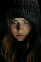 a woman in a black hoodie with blue eyes generative ai photo