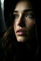 a woman in a black hoodie with green eyes generative ai photo