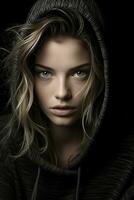 a woman in a black hoodie with blue eyes generative ai photo