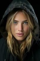 a woman in a black hoodie with blue eyes generative ai photo