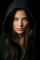 a woman in a black hoodie with green eyes generative ai photo