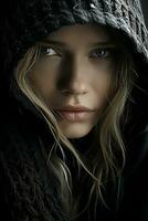 a woman in a black hoodie with her eyes closed generative ai photo