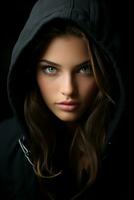 a woman in a black hoodie with green eyes generative ai photo