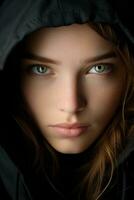 a woman in a black hoodie with green eyes generative ai photo