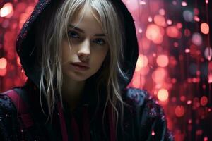 a woman in a black hoodie with red lights behind her generative ai photo