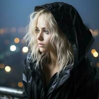 a woman in a black jacket and hoodie looking off into the distance generative ai photo