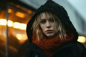 a woman in a black jacket and orange scarf generative ai photo