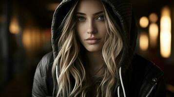 a woman in a black jacket and hoodie generative ai photo
