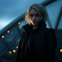 a woman in a black jacket standing in front of a bridge generative ai photo