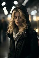 a woman in a black jacket standing in a subway station generative ai photo