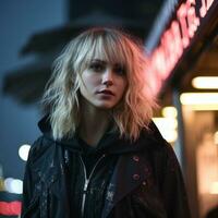 a woman in a black jacket standing in front of a neon sign generative ai photo