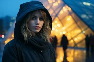 a woman in a black jacket standing in front of a building generative ai photo