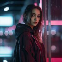 a woman in a black jacket standing in front of neon lights generative ai photo