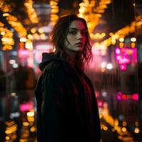 a woman in a black jacket standing in front of neon lights generative ai photo