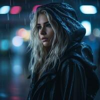 a woman in a black jacket standing in the rain at night generative ai photo
