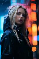 a woman in a black jacket standing in the rain with neon lights in the background generative ai photo